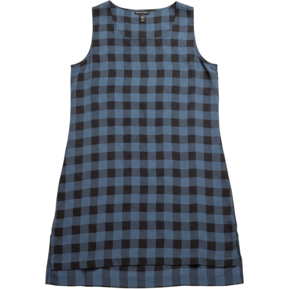 Eileen Fisher Blue Black Buffalo Check 100% Silk Sleeveless‎ Tunic Top XS